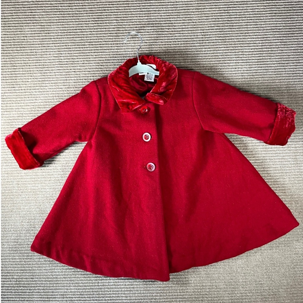Baby UR It Vintage Red Wool Blend Swing Coat‎ Velvet Trim Holiday 18M